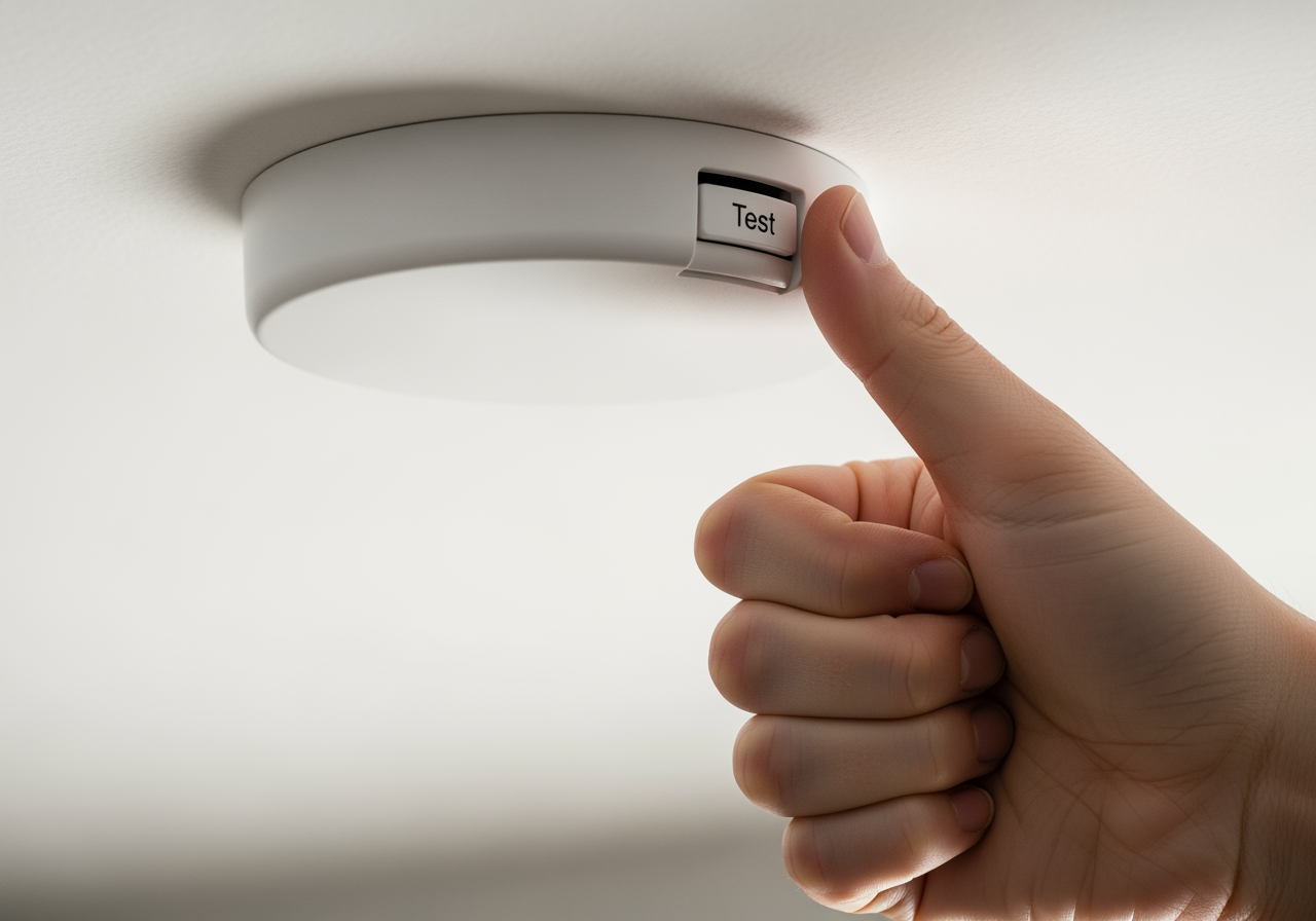 A hand pressing the test button on a smoke detector mounted on a ceiling - new homeowner services