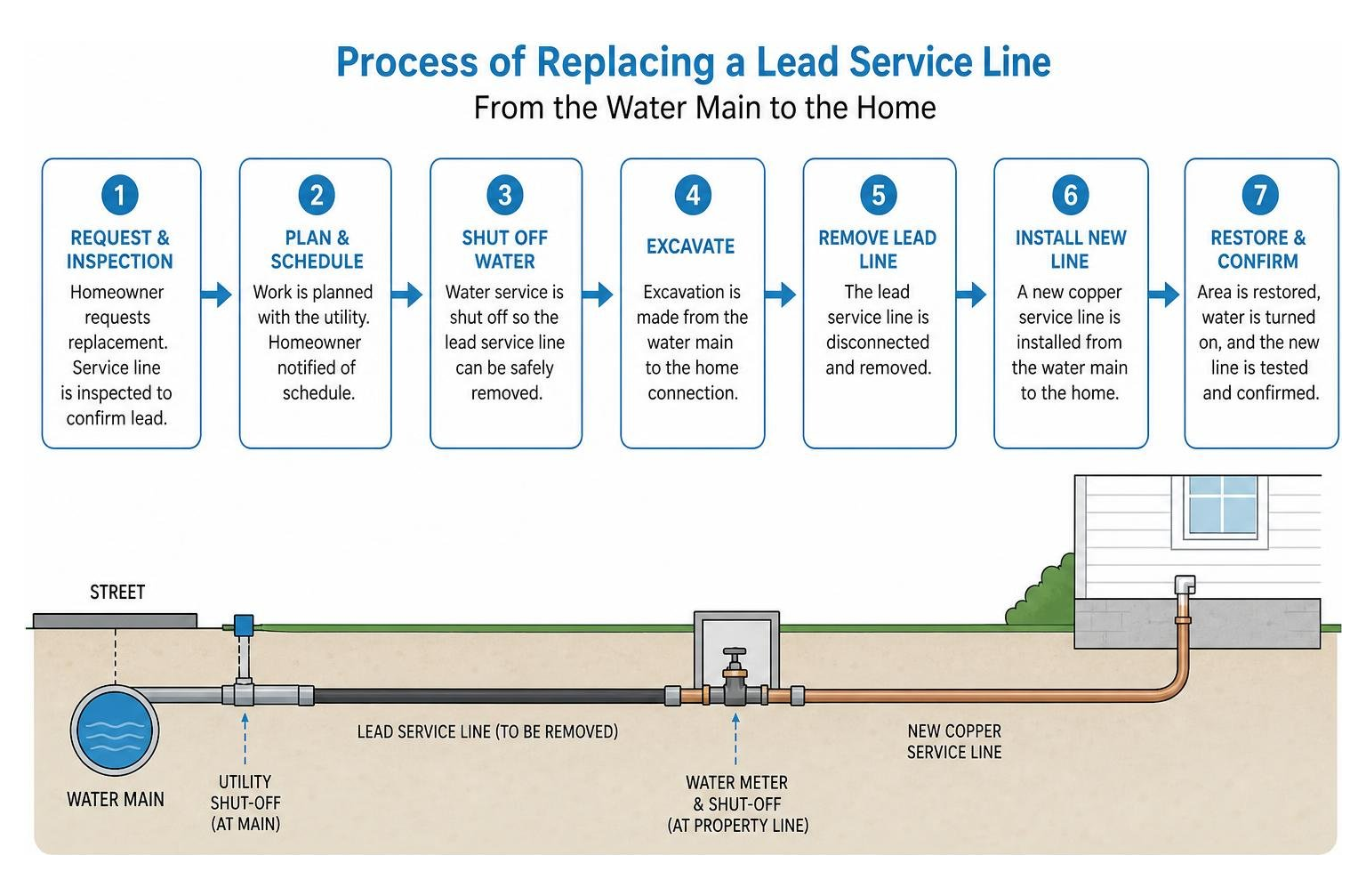 Process of replacing a lead service line from the water main to the home Process of replacing a lead service line from the water main to the home