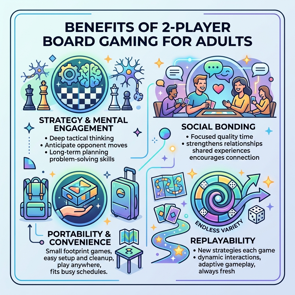 Benefits of 2-player board gaming for adults: strategy, social bonding, portability, replayability - best 2 player board