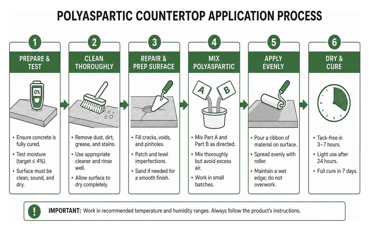 Diagram showing step-by-step polyaspartic countertop application process Diagram showing step-by-step polyaspartic countertop application process