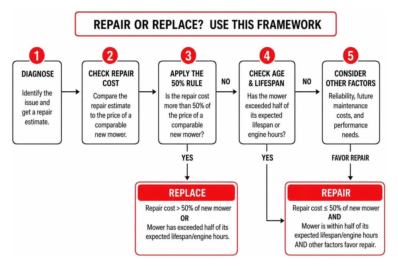 Decision framework diagram for repairing versus replacing a lawn mower Decision framework diagram for repairing versus replacing a lawn mower