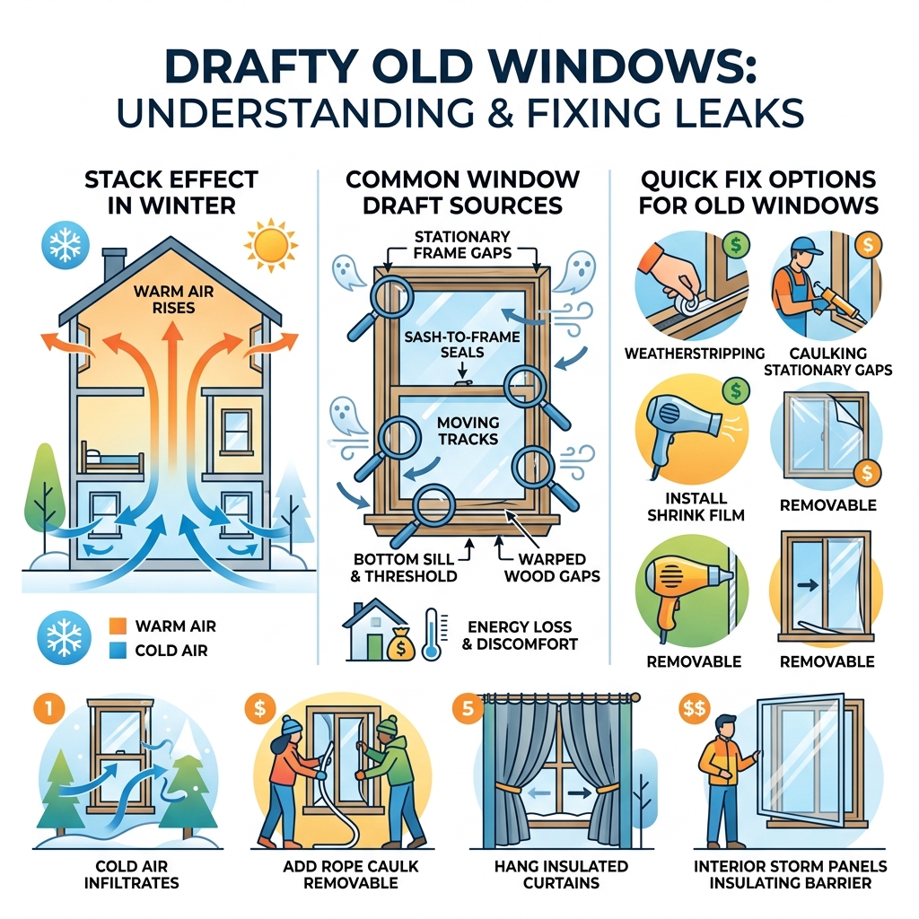 Infographic showing stack effect, window draft sources, and quick fix options for old windows - drafty old windows Infographic showing stack effect, window draft sources, and quick fix options for old windows - drafty old windows