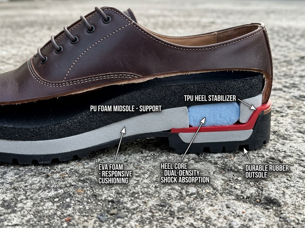 high-tech shoe midsole construction showing cushioning layers - best dress shoes for standing on concrete high-tech shoe midsole construction showing cushioning layers - best dress shoes for standing on concrete