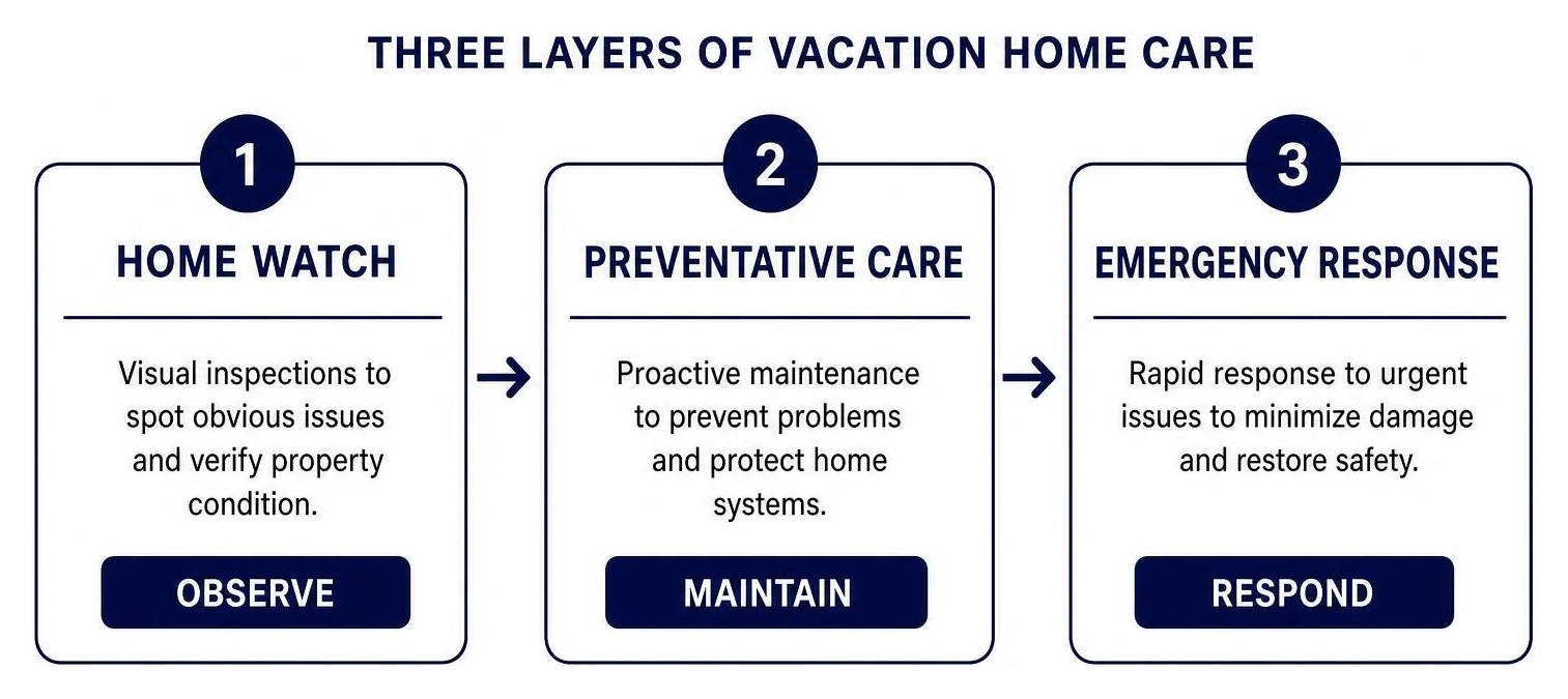 Diagram showing the three layers of vacation home care: Home Watch, Preventative Care, and Emergency Response Diagram showing the three layers of vacation home care: Home Watch, Preventative Care, and Emergency Response
