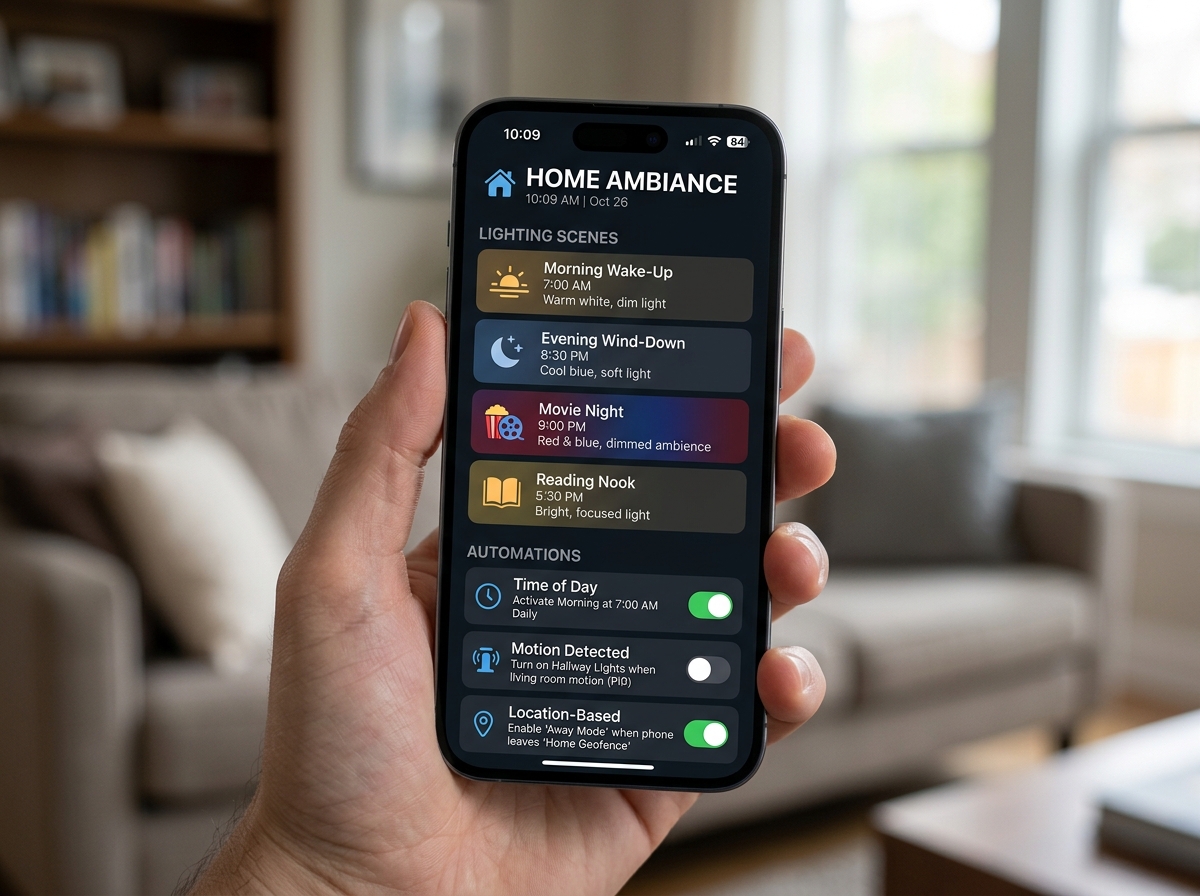 Smartphone app displaying various smart home lighting scenes and automation triggers - smart lighting automation routines