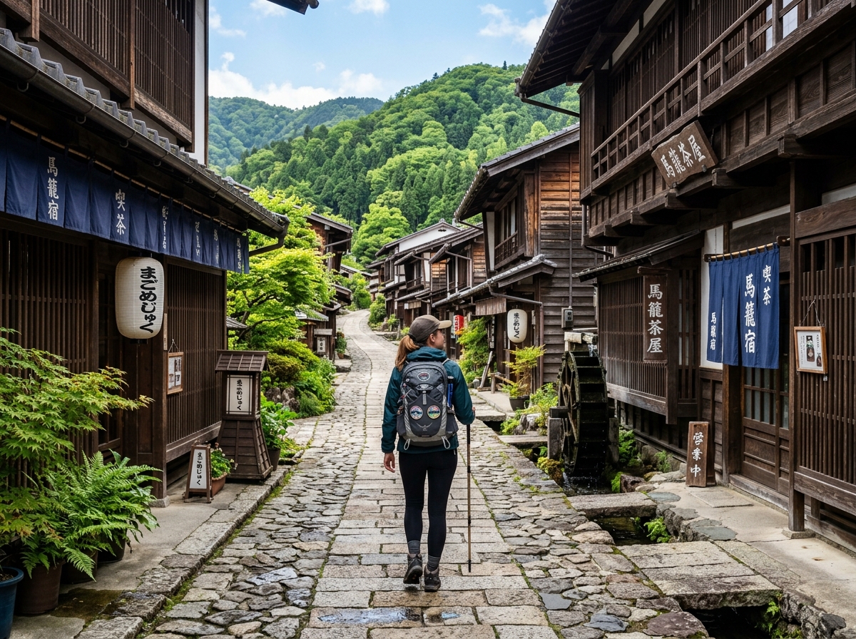 Solo hiker exploring the preserved Edo-period buildings of a Nakasendo post town - cultural hikes for solos