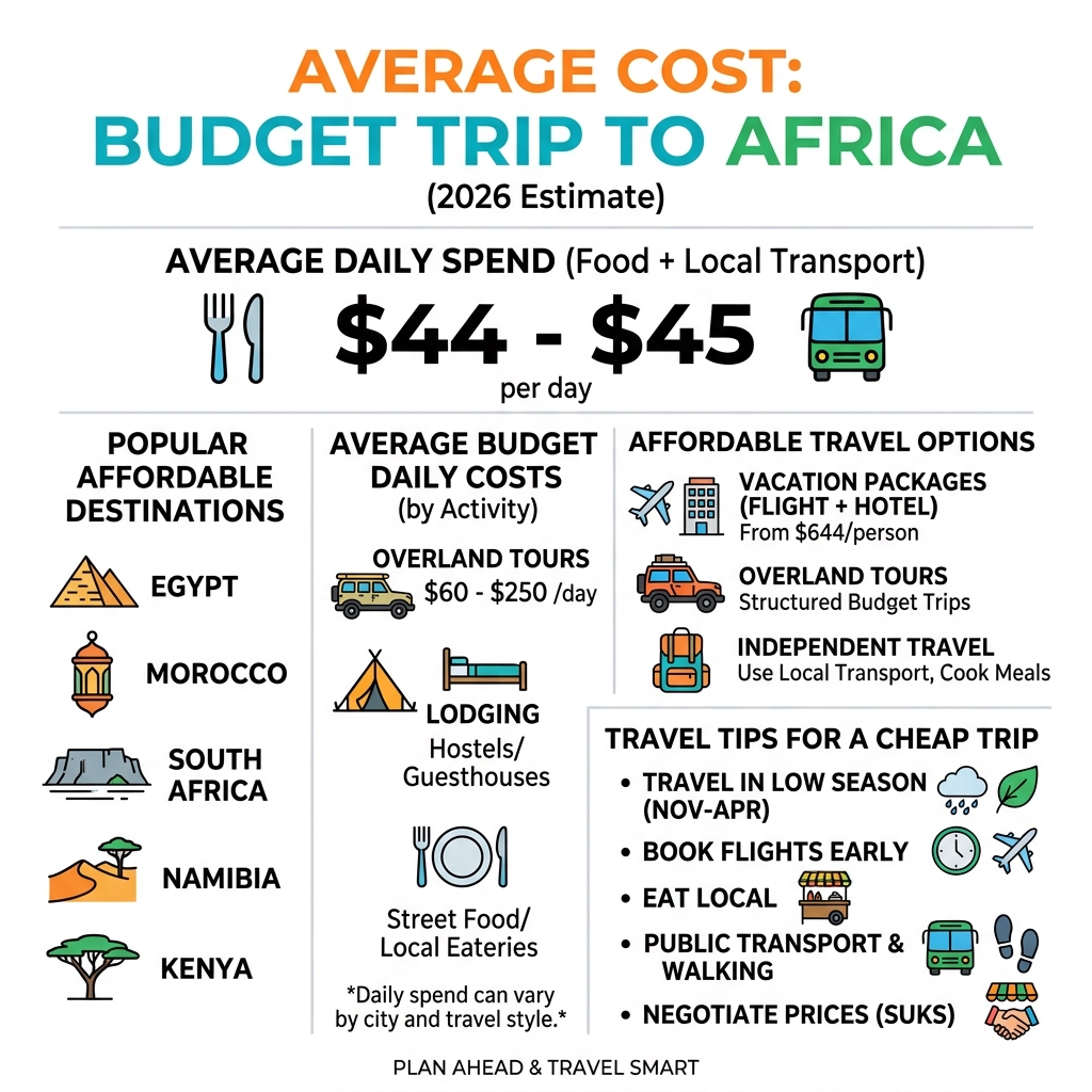 Average cost of a budget trip to Africa infographic with destinations, daily costs, and travel tips - cheap trip to africa