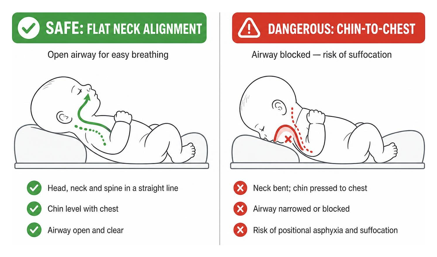 diagram showing correct flat neck alignment versus dangerous chin-to-chest airway blockage