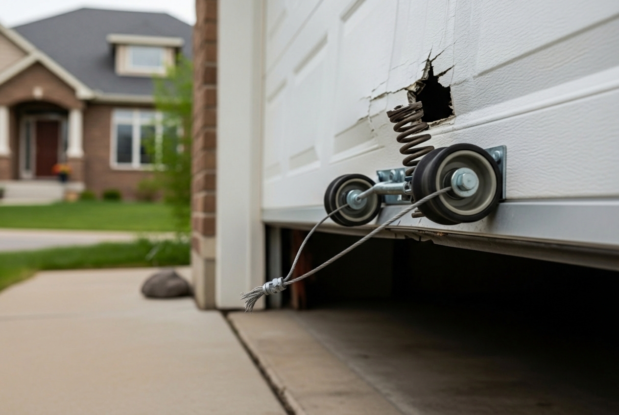 Infographic showing the top 5 signs you need garage door repair: broken or noisy springs, door won't open or close, visible cable damage, door off track, and slow or jerky movement - residential garage door repair in exton, pa