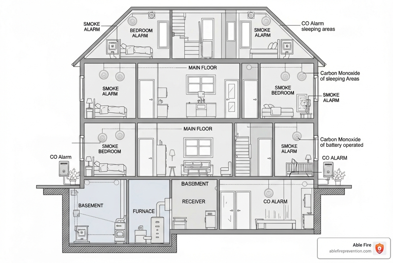 Illustration showing optimal placement of smoke and CO alarms on each floor of a multi-story house, including bedrooms, hallways, and near furnaces - fire alarm with carbon monoxide