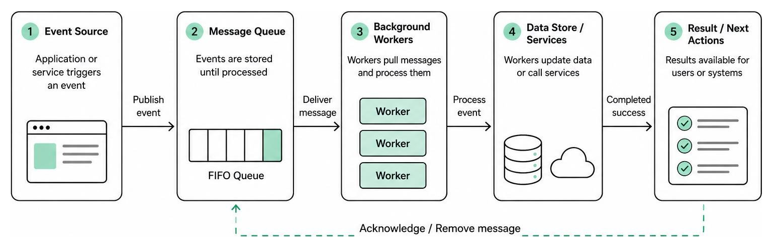 Diagram: How asynchronous event-driven messages flow through background workers