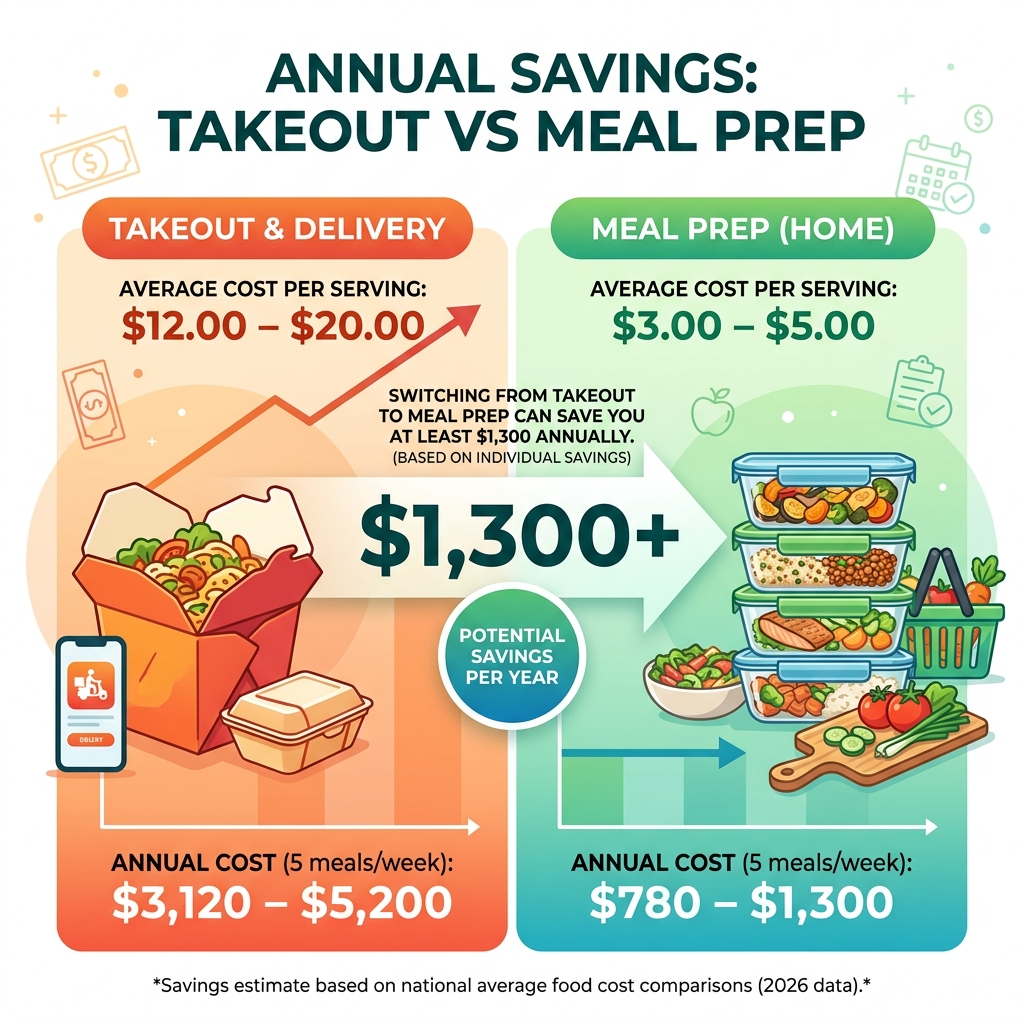 infographic showing annual savings of $1300 by switching from takeout to meal prep - is meal prep worth it infographic infographic showing annual savings of $1300 by switching from takeout to meal prep - is meal prep worth it infographic