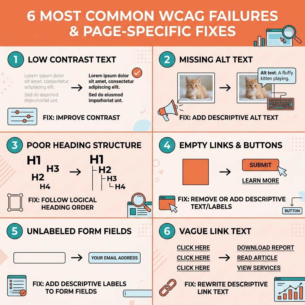 Infographic showing the 6 most common WCAG failures and their fix types by page element - page specific wcag fixes Infographic showing the 6 most common WCAG failures and their fix types by page element - page specific wcag fixes