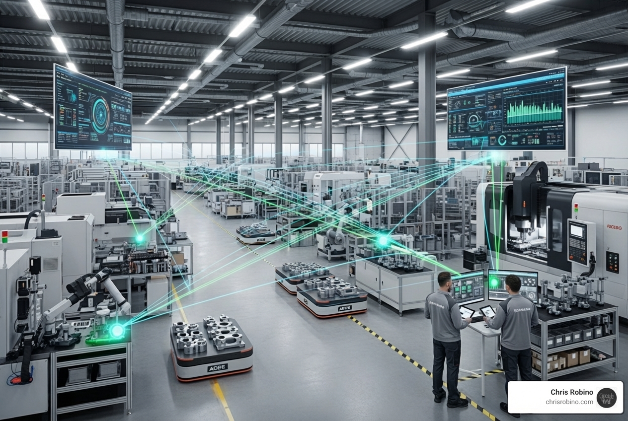interconnected network of smart devices in a factory setting, representing IoT - Digital transformation solutions