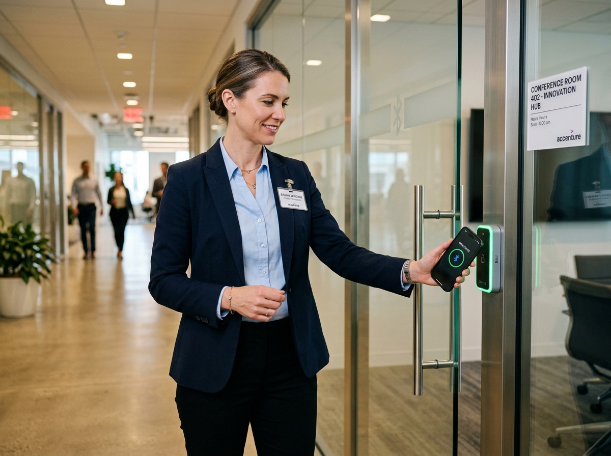 User unlocking a door with a mobile phone using Bluetooth technology - door badge reader User unlocking a door with a mobile phone using Bluetooth technology - door badge reader