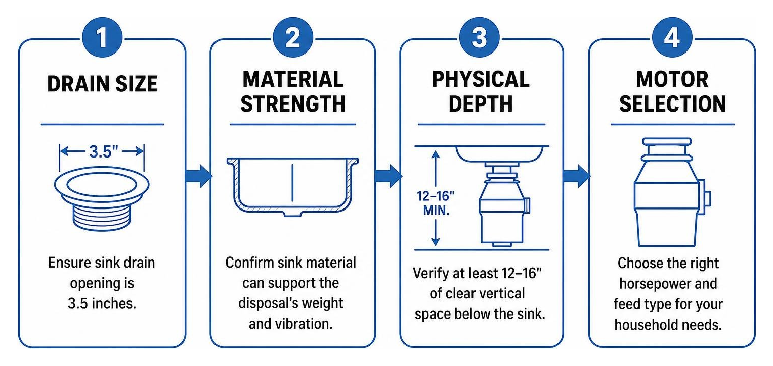 Sequence of evaluating sink compatibility: drain size, material strength, physical depth, motor selection Sequence of evaluating sink compatibility: drain size, material strength, physical depth, motor selection