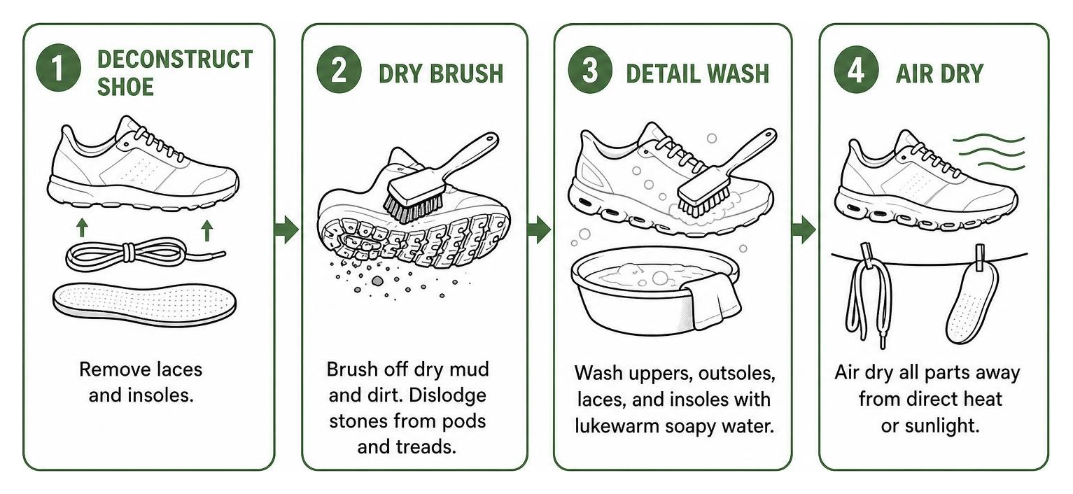 Step-by-step hand washing sequence: deconstruct shoe, dry brush, detail wash, air dry Step-by-step hand washing sequence: deconstruct shoe, dry brush, detail wash, air dry