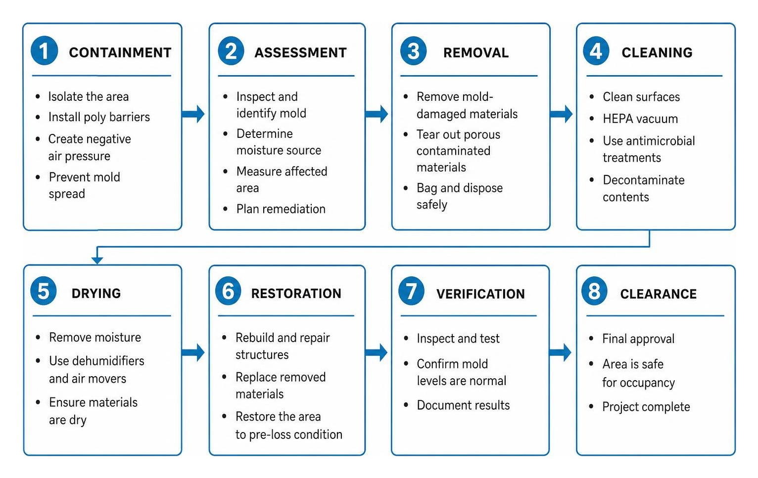Step-by-step mold remediation process from containment to clearance Step-by-step mold remediation process from containment to clearance