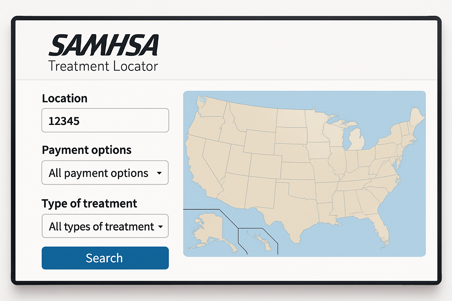 SAMHSA treatment locator search interface - find rehab without insurance