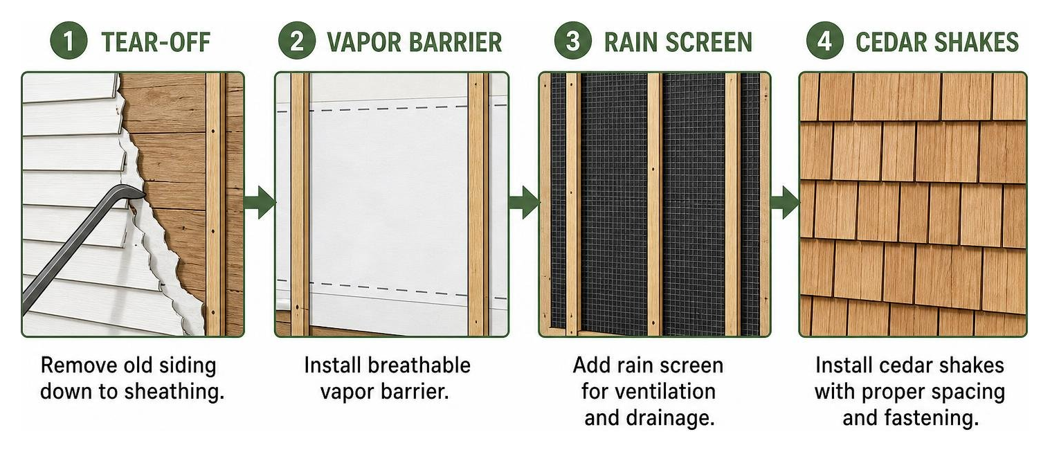 Step-by-step process of installing cedar shake siding showing tear-off, vapor barrier, rain screen, and final shakes Step-by-step process of installing cedar shake siding showing tear-off, vapor barrier, rain screen, and final shakes
