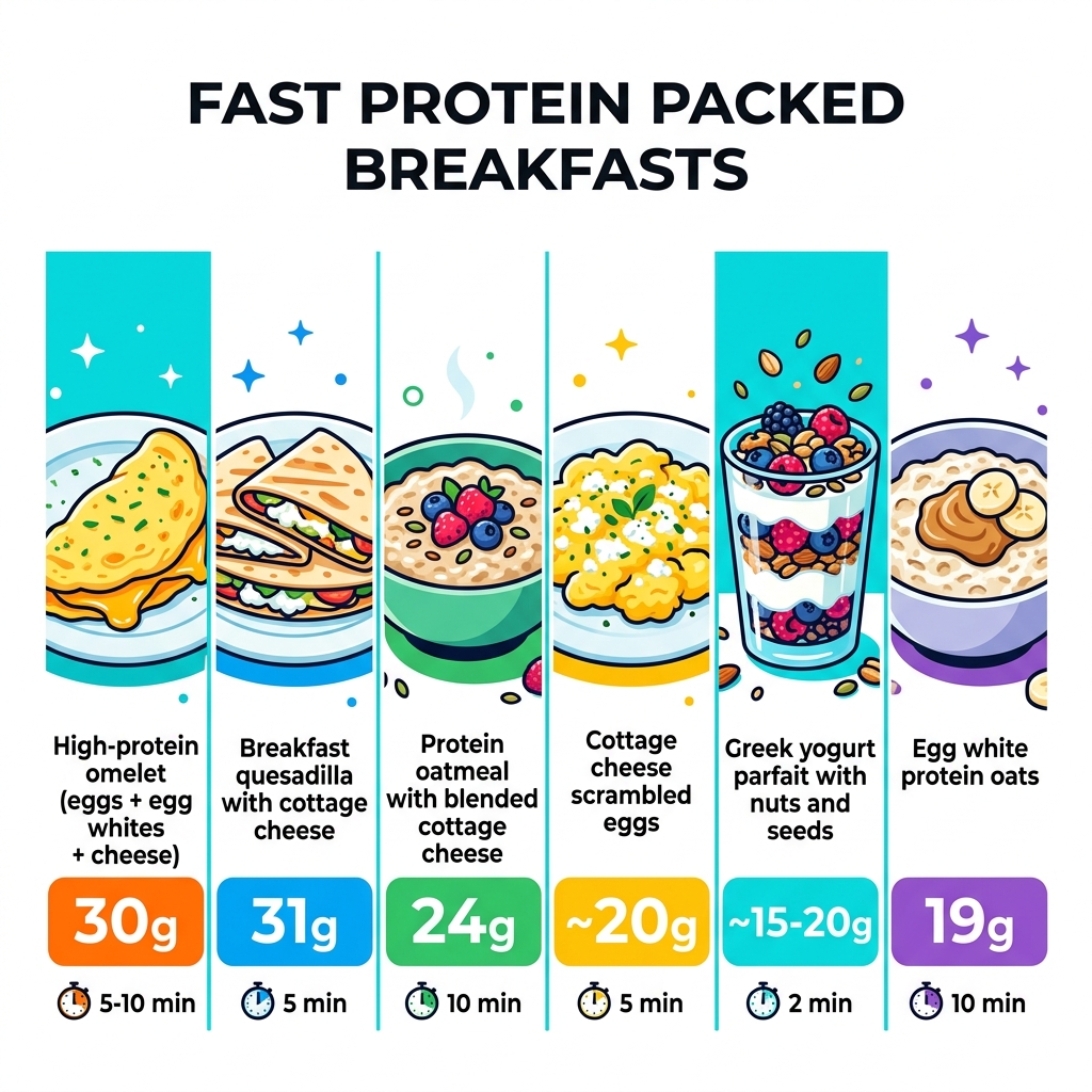 infographic showing protein content and prep time for top fast protein packed breakfasts - fast protein packed breakfast