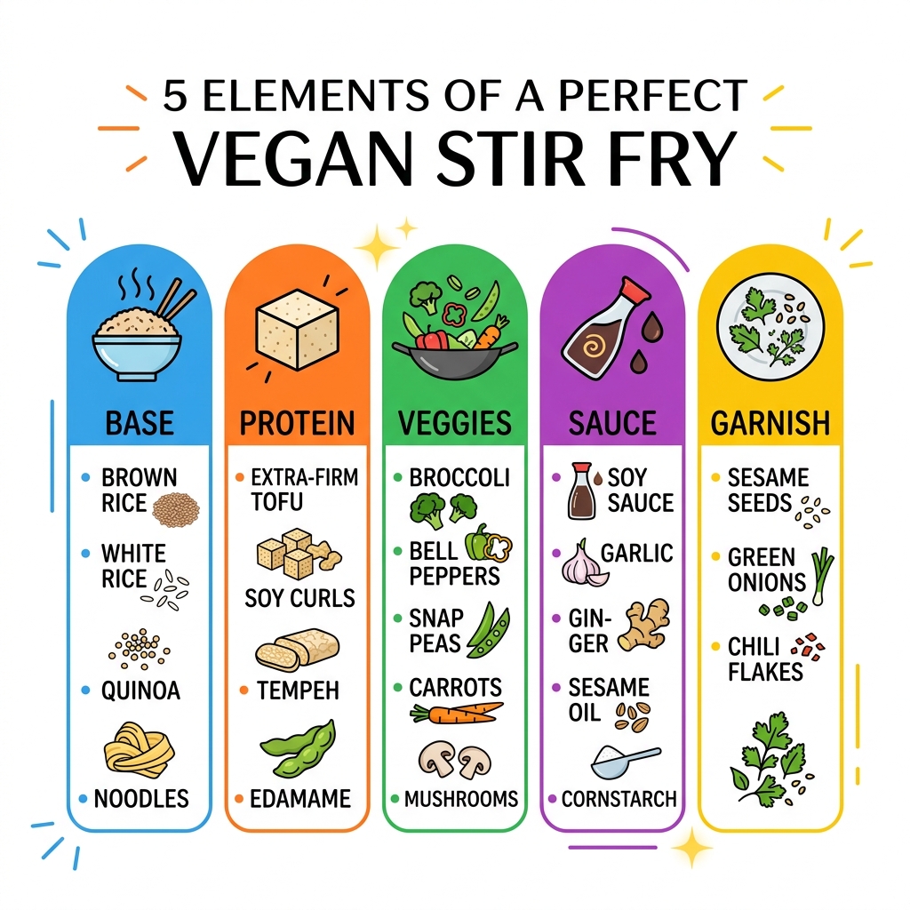 5 elements of a perfect vegan stir fry: Base, Protein, Veggies, Sauce, Garnish with examples for each - easy vegan stir fry 5 elements of a perfect vegan stir fry: Base, Protein, Veggies, Sauce, Garnish with examples for each - easy vegan stir fry