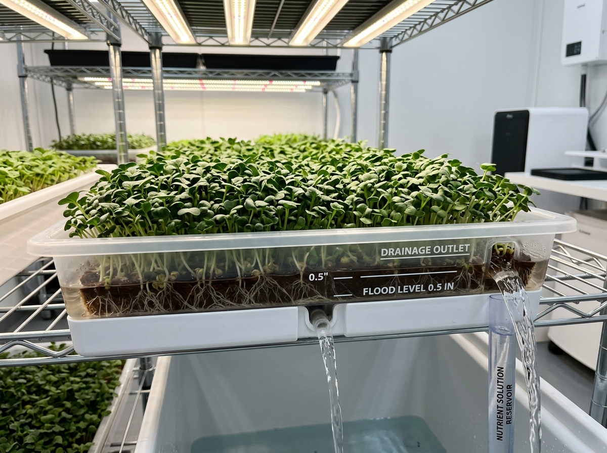 A flood-and-drain tray in action showing water levels and root saturation - automated microgreens watering system