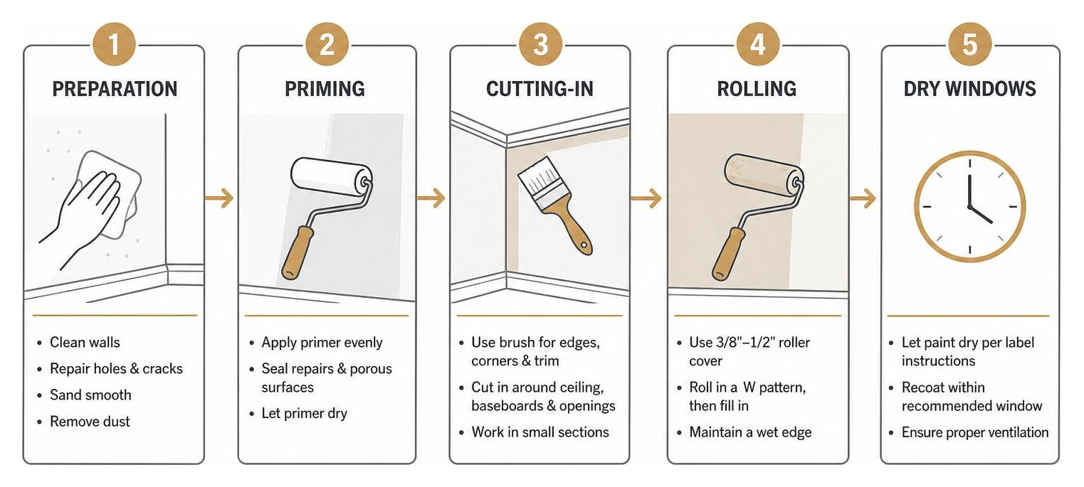 Step-by-step application process diagram for low sheen interior paint showing preparation, priming, cutting-in, rolling, and