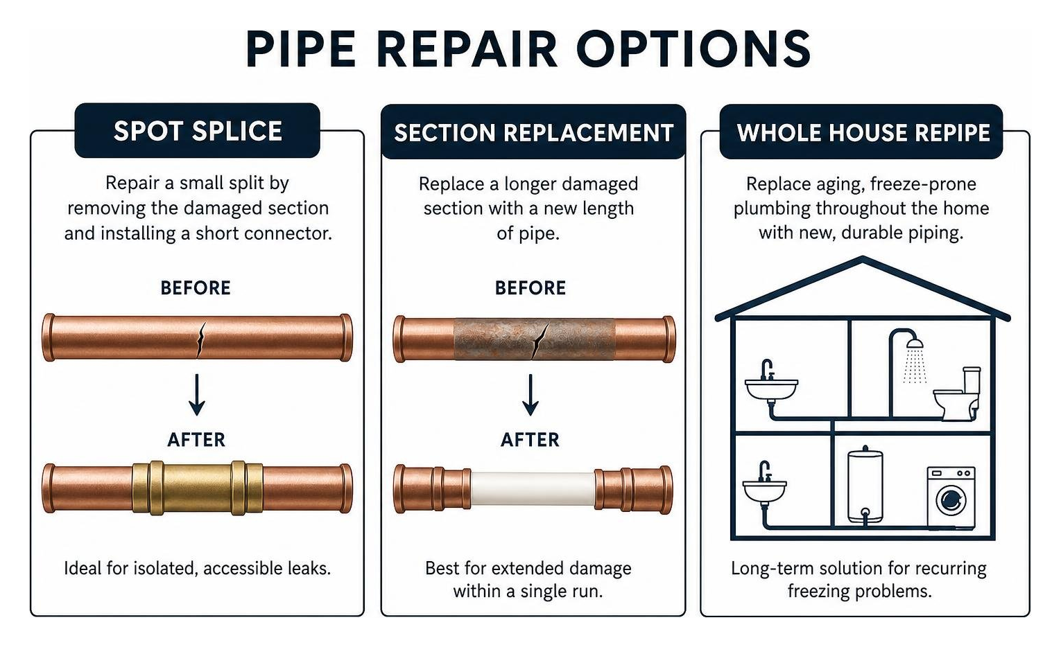 pipe repair options: spot splice, section replacement, whole house repipe pipe repair options: spot splice, section replacement, whole house repipe