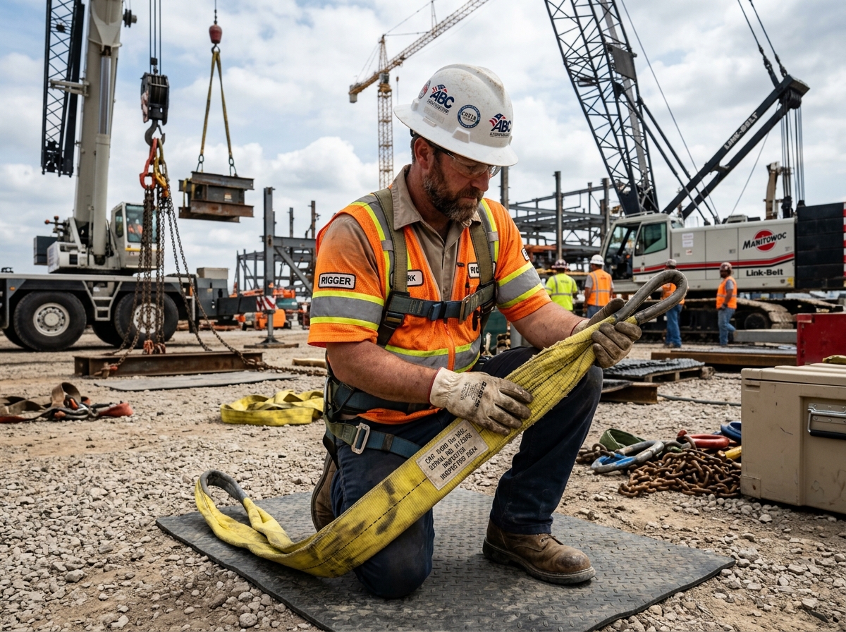 Rigger performing a pre-use sling inspection - rigger certification Rigger performing a pre-use sling inspection - rigger certification