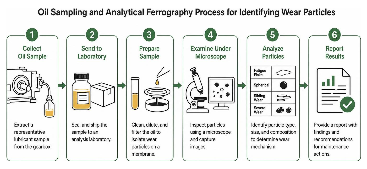 Diagram showing the oil sampling and analytical ferrography process for identifying wear particles Diagram showing the oil sampling and analytical ferrography process for identifying wear particles