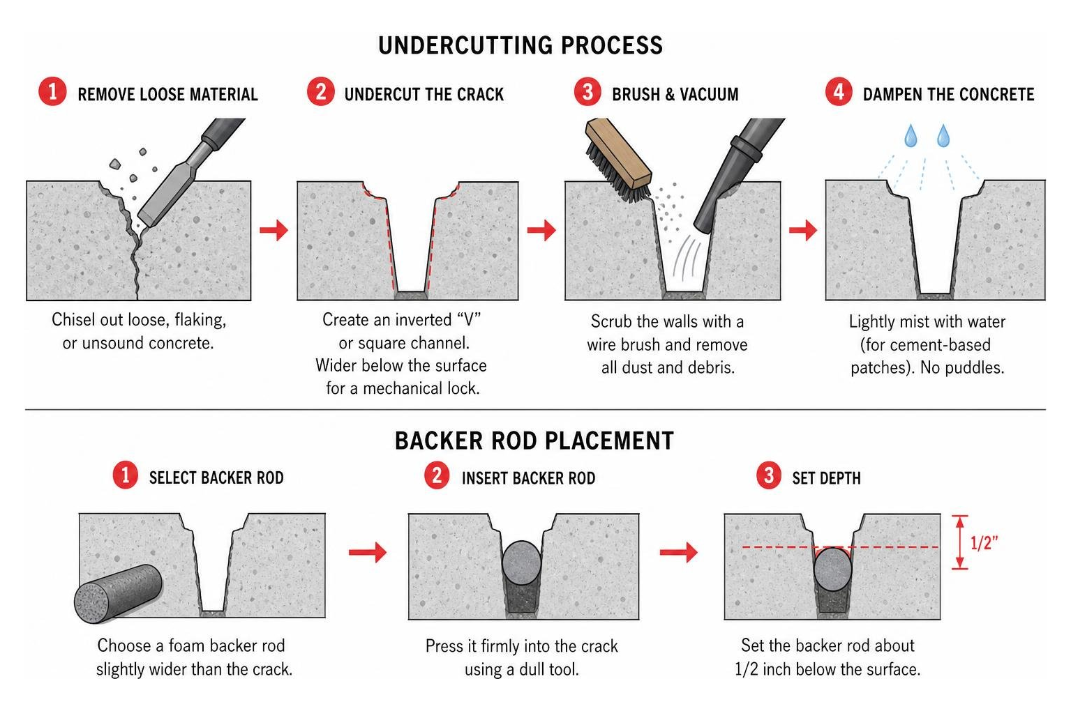 Diagram showing the undercutting process and backer rod placement