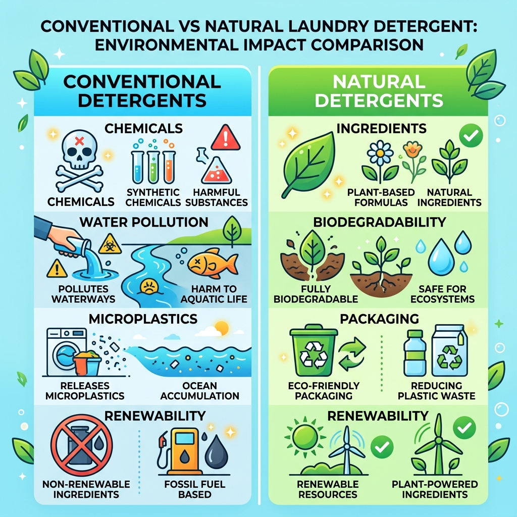 Conventional vs natural laundry detergent environmental impact comparison infographic - natural laundry detergent eco