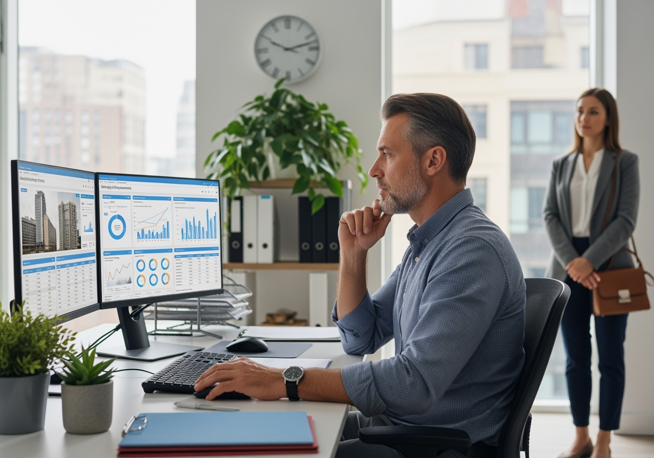 Building manager reviewing analytics on a computer screen with a tenant in the background - Commercial Building Management
