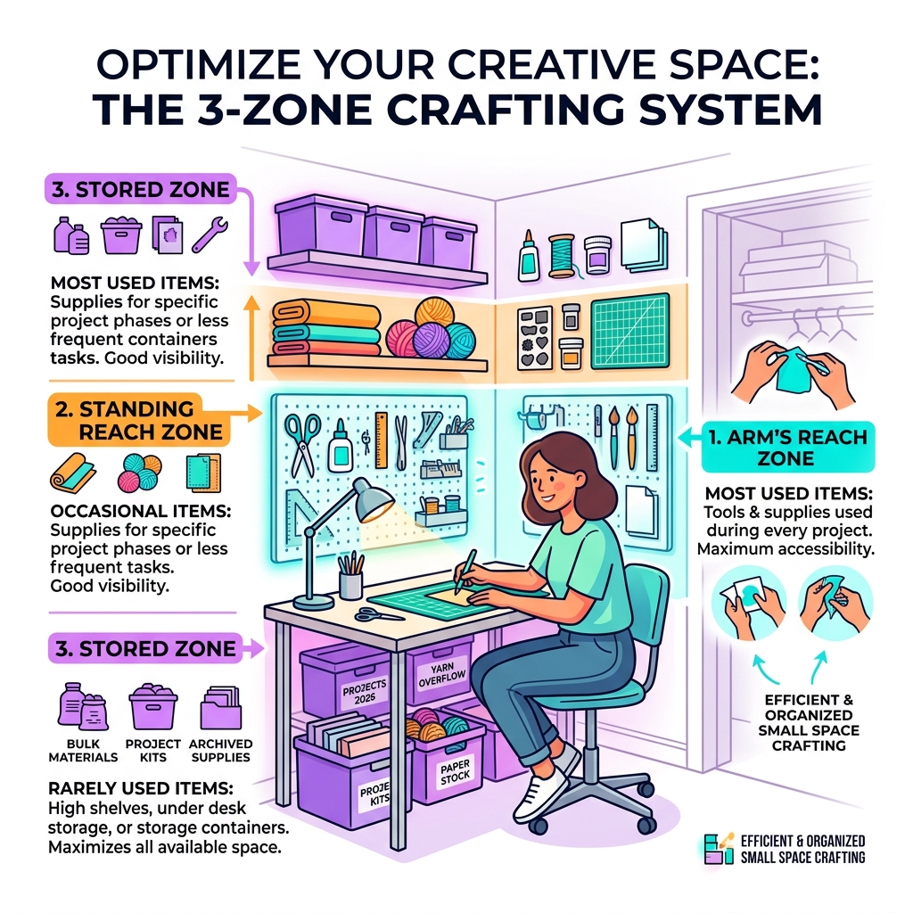 3-Zone Crafting System infographic showing arm's reach, standing reach, and stored zones - craft room ideas for small spaces