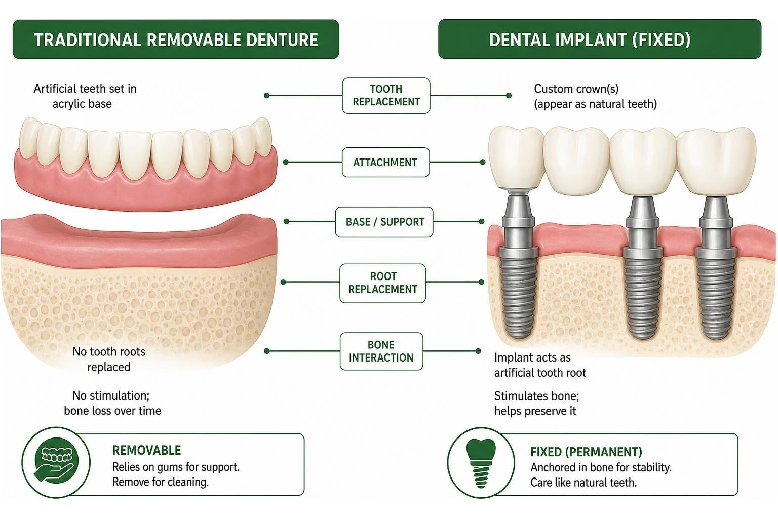 Structural comparison of a dental implant versus a traditional removable denture