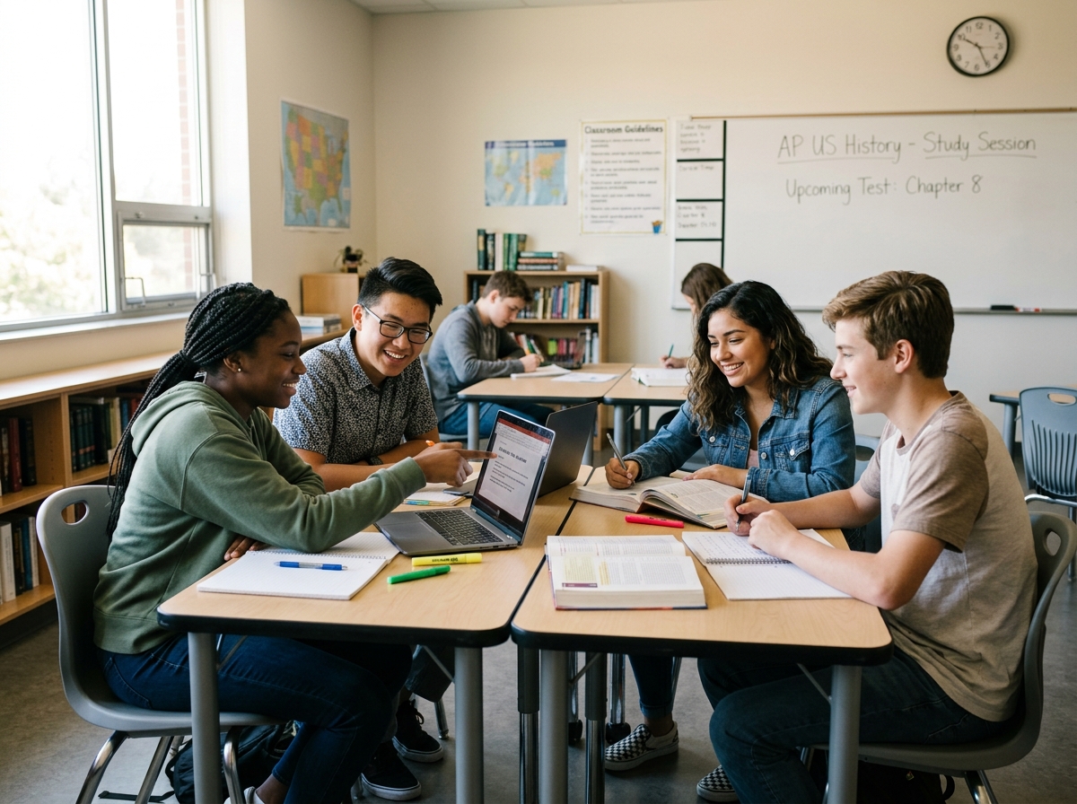 A group of diverse teenagers (ages 15-18) studying together in a supportive school environment - health and wellness
