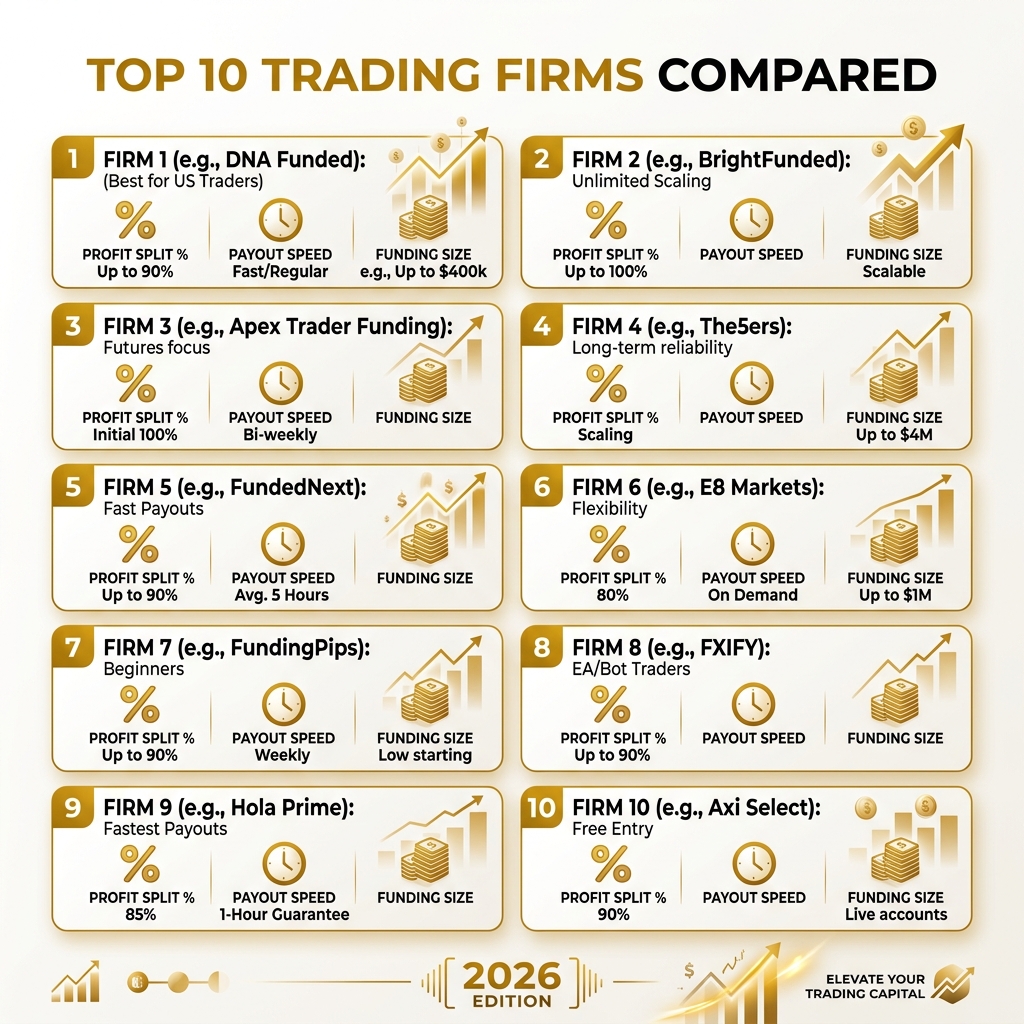 Top 10 best trading firms compared by profit split, payout speed, and funding size - best trading firm infographic 