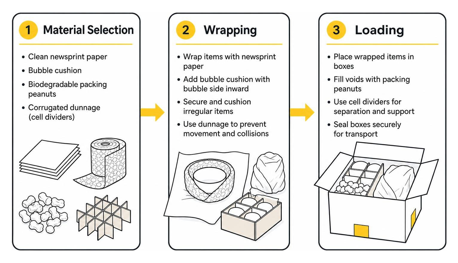 Packing process workflow showing material selection, wrapping, and loading Packing process workflow showing material selection, wrapping, and loading
