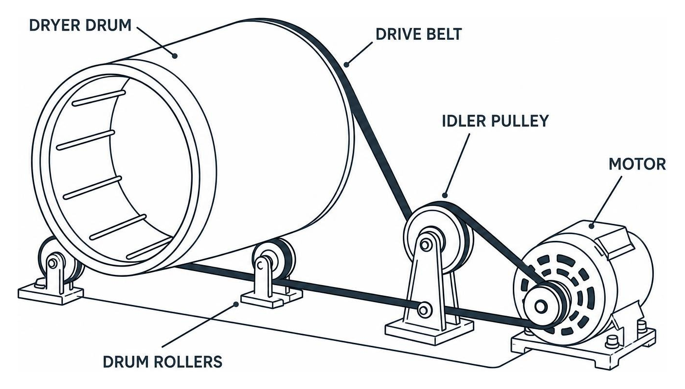diagram showing the mechanical connections of a dryer drum, belt, idler pulley, and motor