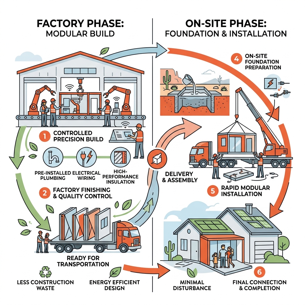 Modular construction lifecycle infographic from factory build to on-site foundation installation - sustainable modular