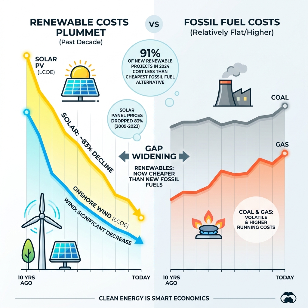 Decline of solar and wind costs versus coal and gas over the past decade infographic - renewable energy cost cutting