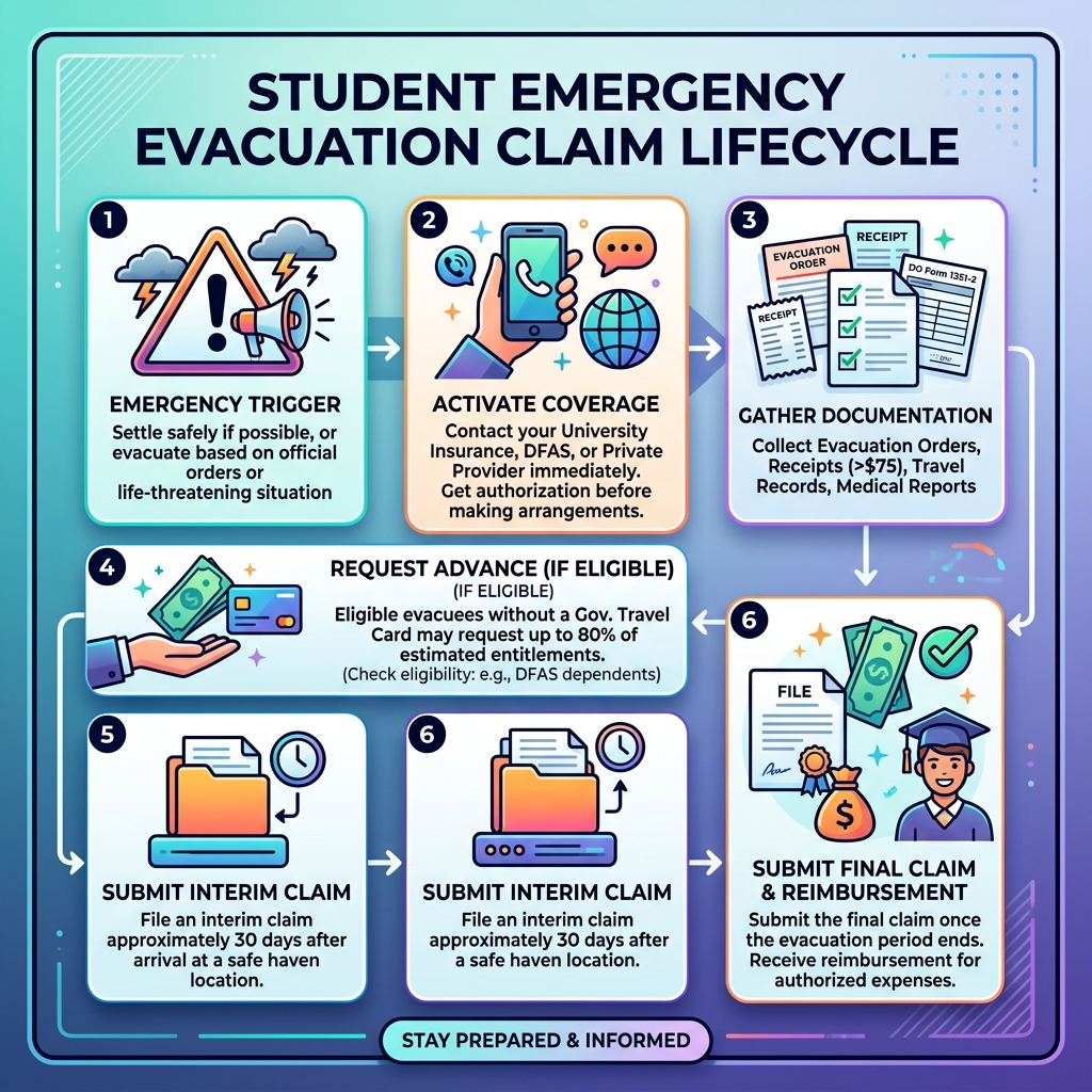 Evacuation claim lifecycle infographic showing steps from emergency trigger to reimbursement for students - emergency