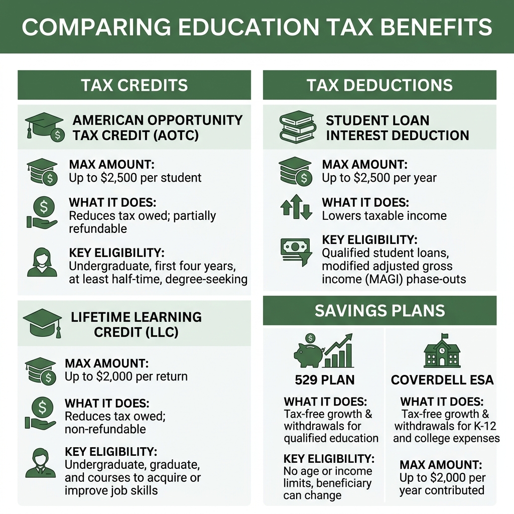 Infographic comparing education tax credits, deductions, and savings plans with key amounts and eligibility - education tax Infographic comparing education tax credits, deductions, and savings plans with key amounts and eligibility - education tax