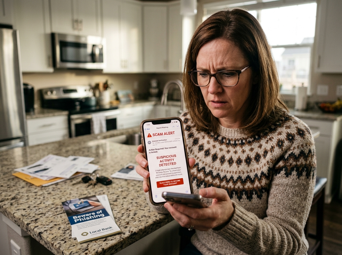 A person looking at a suspicious phishing email on their phone - us bank fraud phone number A person looking at a suspicious phishing email on their phone - us bank fraud phone number