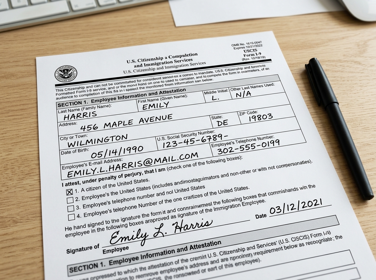 Section 1 of Form I-9 showing correctly filled employee details and citizenship attestation - completed i 9 form example Section 1 of Form I-9 showing correctly filled employee details and citizenship attestation - completed i 9 form example