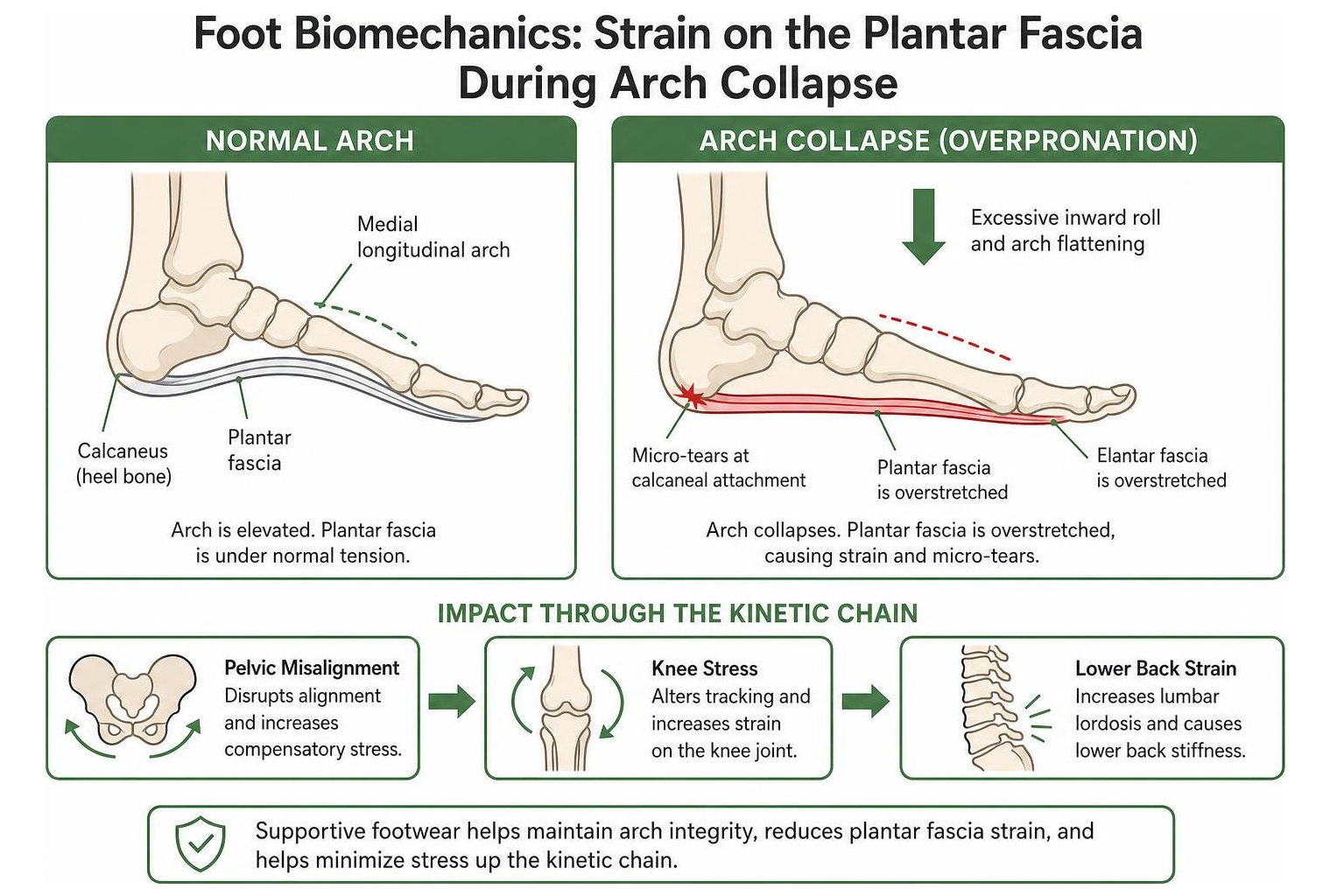 Foot biomechanics diagram demonstrating strain on the plantar fascia during arch collapse Foot biomechanics diagram demonstrating strain on the plantar fascia during arch collapse