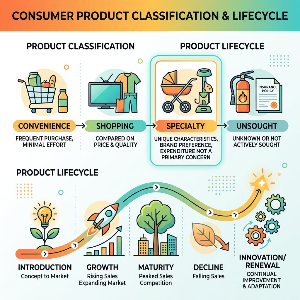 consumer product lifecycle and classification - specialty consumer products infographic