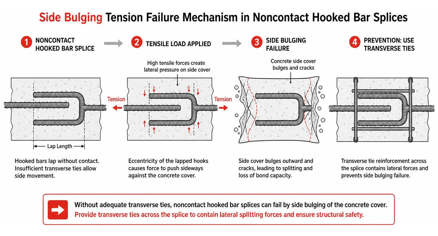 Side bulging tension failure mechanism in noncontact hooked bar splices