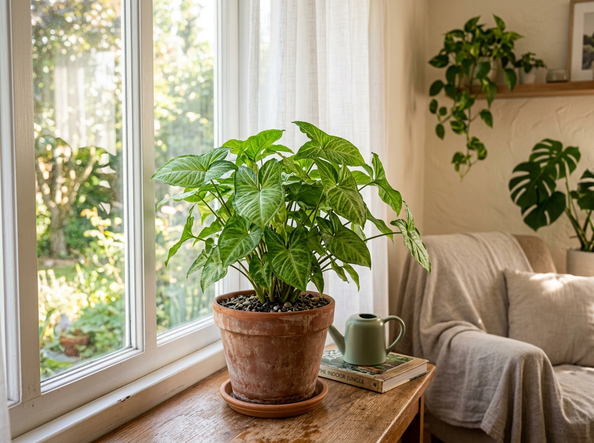 Arrowhead plant sitting near a bright window with filtered light - arrowhead house plant Arrowhead plant sitting near a bright window with filtered light - arrowhead house plant